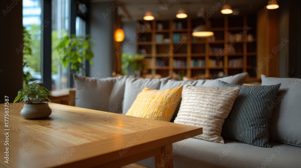 Obraz premium Cozy Living Room Interior with Comfortable Sofa, Pillows, Wooden Table, Bookshelves, and Warm Lighting