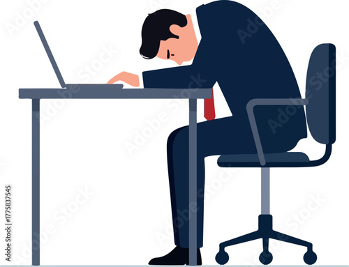 Exhausted Businessman Slumped Over Laptop at Desk Flat Design Vector