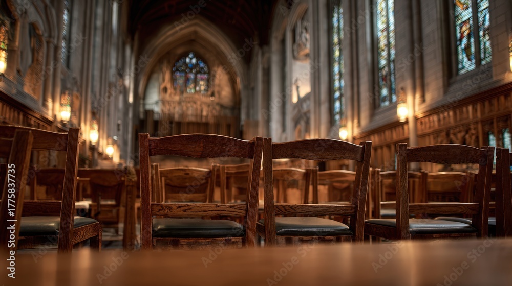 Fototapeta premium Interior View of Historic Chapel with Wooden Chairs and Stained Glass Windows