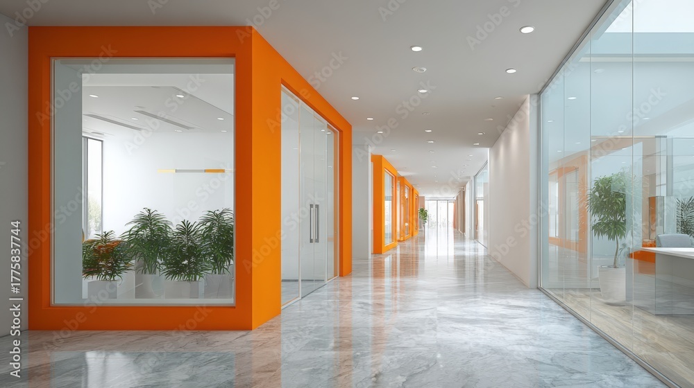Obraz premium Modern Office Interior with Orange Accents and Glass Partitions, Creating a Bright and Professional Workspace Environment