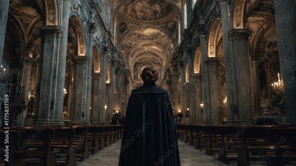 Obraz premium Woman Standing Inside a Grand Cathedral, Showcasing Architectural Splendor and Reflective Mood, Offering Serenity and Introspection