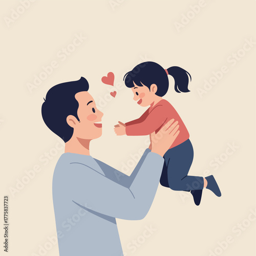 Father Holding Daughter Joyfully Simple Flat Vector Illustration On Cream Background