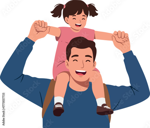 Father Carrying Daughter On Shoulders With Pink Dress And Blue Shirt