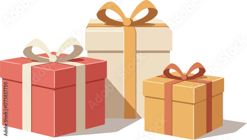 Festive Gift Boxes In Red Orange Beige With Yellow Ribbons