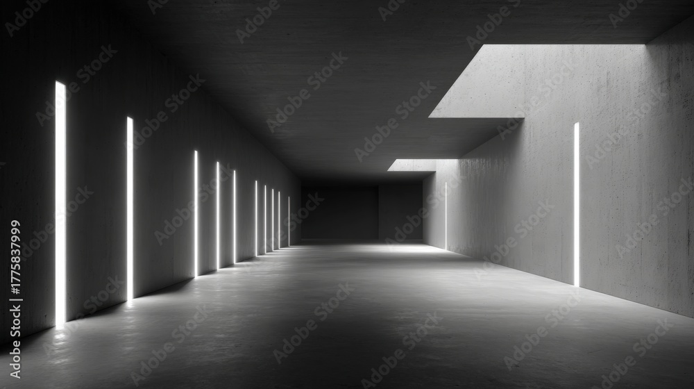 Fototapeta premium Modern Minimalist Architecture: Interior Perspective of a Concrete Hallway with Natural Light and Geometric Design