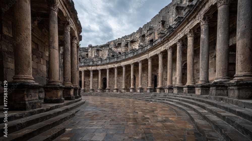 Fototapeta premium Ancient Roman Theater with Arches and Columns Under a Dramatic Sky, Architectural Heritage and Historical Significance