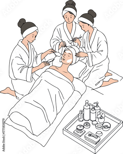Four Women Spa Facial Treatment White Robes Minimalist Vector Art