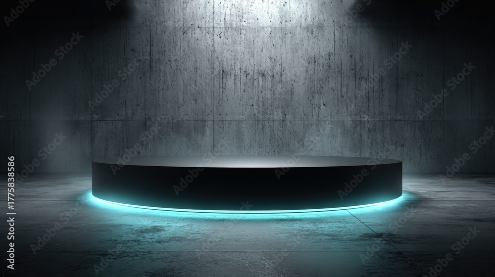 Obraz premium Futuristic Product Showcase: Illuminated Platform on Concrete Backdrop, Ideal for Tech, Beauty, and Modern Design