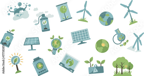 Green Energy Icons Planet Solar Wind Power Nature Plants Light Bulb Ideas