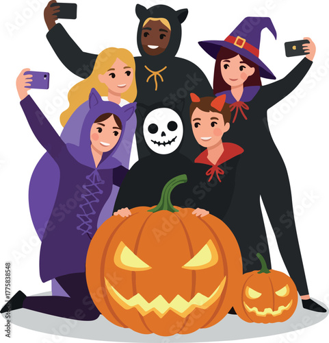 Group Halloween Costumes Taking Selfies Vector Illustration Pumpkin Costume