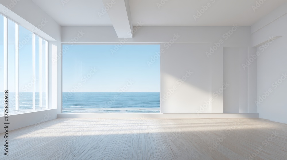 Fototapeta premium Bright Coastal Interior with Ocean View: Minimalist Modern Space with Expansive Windows and Natural Light
