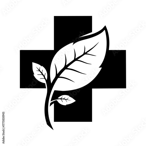 A black and white graphic icon representing a medical cross with a green leaf and stem growing from it, symbolizing natural medicine or healthcare