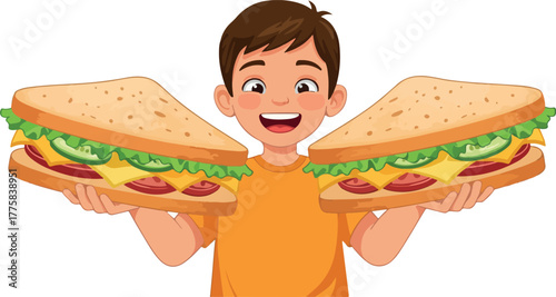 Happy Boy Holding Two Delicious Sandwiches Isolated Flat Design Illustration