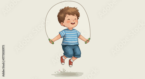 Happy Boy Jumping Rope Wearing Blue Striped Shirt and Denim Shorts Isolated