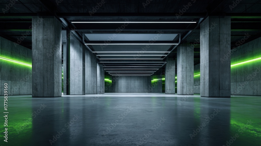 Fototapeta premium Underground Parking Garage with Concrete Pillars and Green Neon Lights Reflecting on Wet Ground