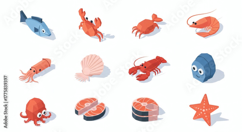 Isometric Seafood Collection Fish, Crab, Lobster, Shrimp & More