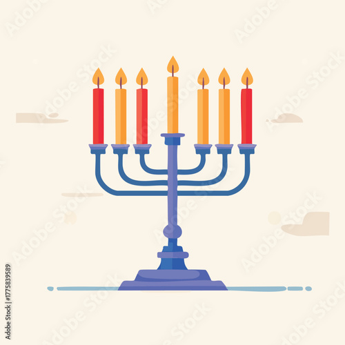 Colorful menorah with lit candles on a minimalist background