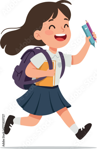 Happy Girl With Backpack And Books Running To School Flat Design Vector