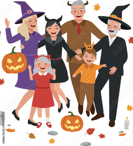Happy Halloween Family Gathering with Pumpkins and Autumn Leaves
