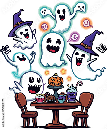 Happy Halloween Ghosts and Sweets at a Table Illustration