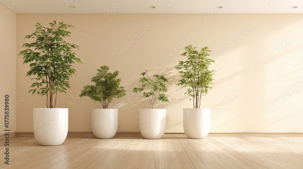 Fototapeta premium Indoor Plants in White Pots Against a Beige Wall Enhancing Modern Interior Design