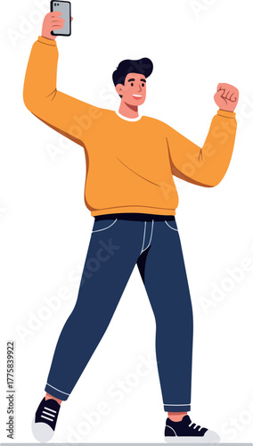 Happy Man Taking Selfie Yellow Sweater Blue Jeans White Sneakers Isolated