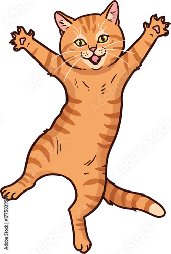 Happy Orange Tabby Cat Dancing Joyfully White Background Flat Design