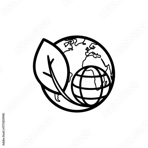 Stylized black and white line art icon representing the earth with a leaf, symbolizing environmental protection, ecology, and global sustainability