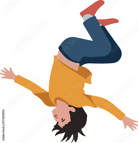 Happy Person Upside Down With Outstretched Arms Orange Shirt Blue Jeans