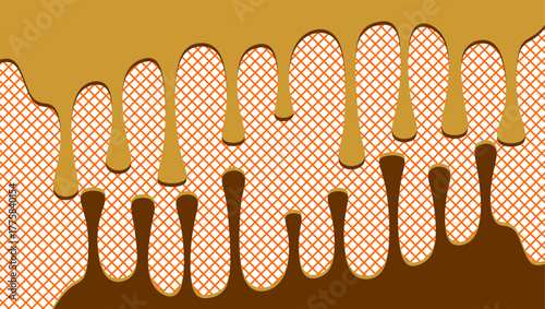 Dripping chocolate illustration. Chocolate drips illustration on waffle background. Wavy chocolate drip illustration. Dripping chocolate illustration on waffle background. 