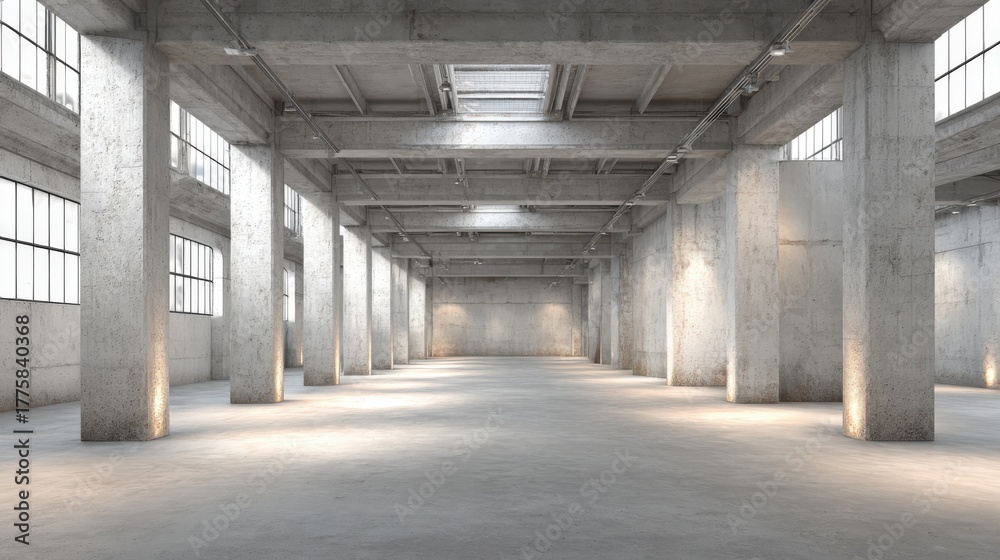 Fototapeta premium Spacious Concrete Warehouse Interior with Natural Light, Offering Versatile Commercial Space and Industrial Aesthetic