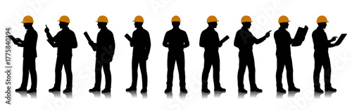 Silhouettes of male engineers and construction workers wearing yellow helmets, holding blueprints, tablets, and clipboards. Vector illustration with reflection effect isolated on white