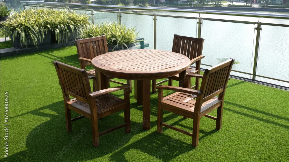 Obraz premium Outdoor Wooden Patio Set on Green Artificial Turf with Lake View and Natural Lighting