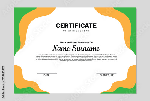 Certificate of achievement with green and yellow accents.