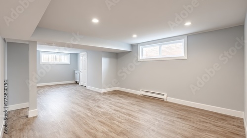 Finished Basement Interior with Wood-Look Flooring, Neutral Gray Walls, and Modern Lighting for Real Estate or Renovation