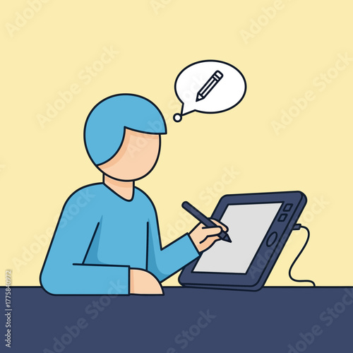 Person drawing on a tablet with a stylus against a yellow background.