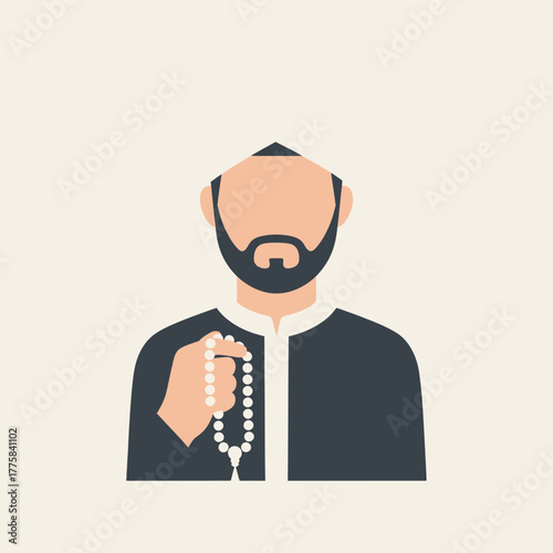 Man holding prayer beads in hand wearing traditional clothing against beige background.