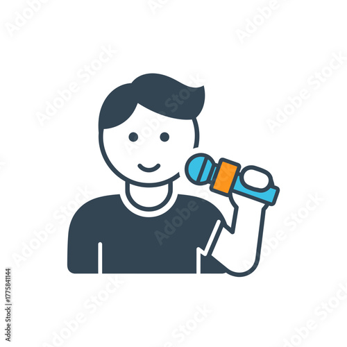 Person holding a microphone and singing or speaking in a stylized illustration.