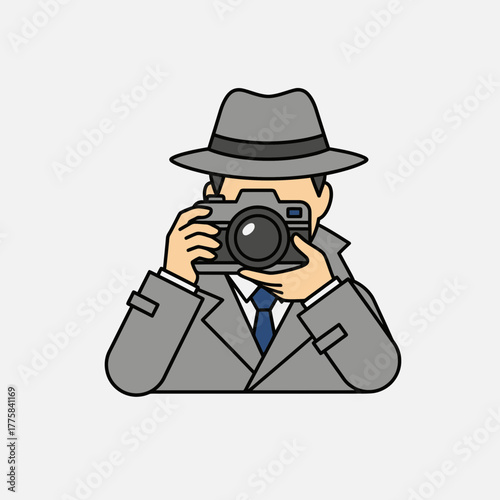 Cartoon figure with hat and coat holding a camera against a white background.