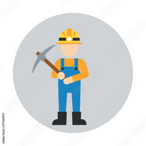 Cartoon miner figure with pickaxe wearing a hard hat on gray background.