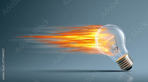 A dynamic light bulb appears to be in motion, emitting bursts of fiery energy, symbolizing innovation and speed.