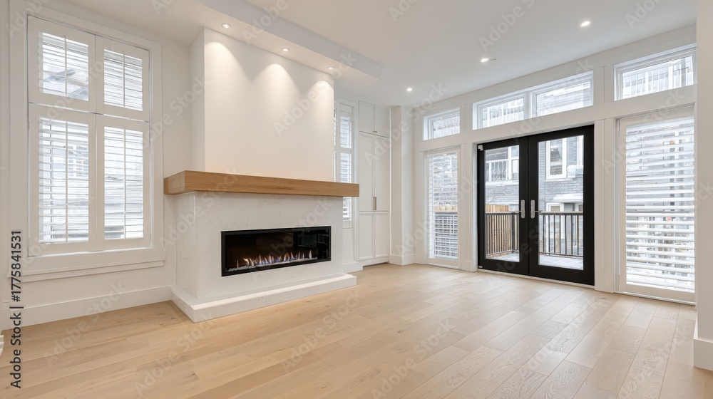 Naklejka premium Bright and Modern Living Room with Fireplace, Large Windows, and Hardwood Flooring in a Stylish Home