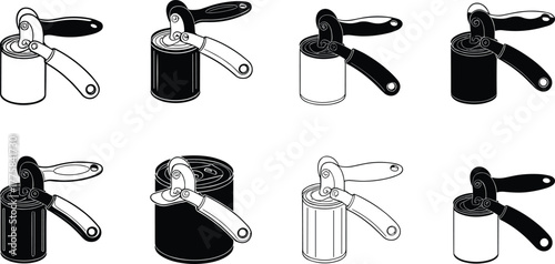 Kitchen can opener vector illustration, black and white minimalist design, household utensil tool drawing, retro metal tin opener silhouette art