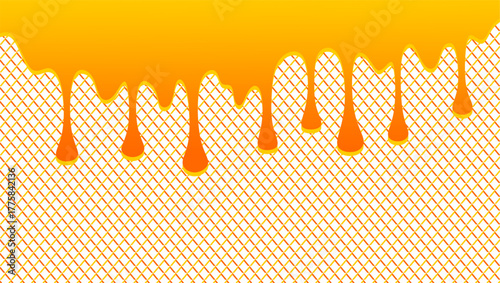 Dripping honey illustration. Honey dripping on waffle  pattern background. Dripped honey illustration. Honey drips on waffe background. Symbol of dripping honey illustration.
