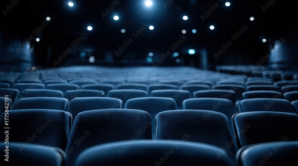 Fototapeta premium Empty theater with blue seats ready for a show, cinematic view of a performance hall