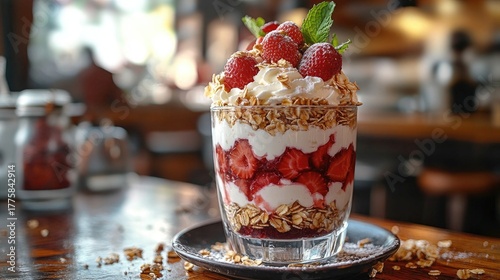 Delicious layered parfait with strawberries, cream, granola, and mint. Use this image to promote healthy desserts or breakfast recipes online.