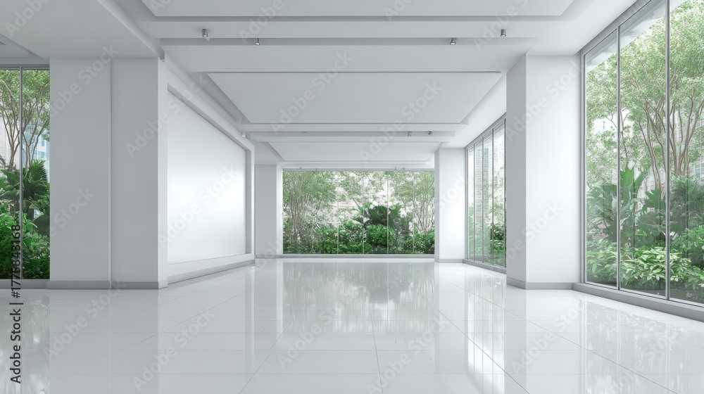 Fototapeta premium Bright and Spacious Modern Interior with White Walls, Large Windows, and Natural Greenery View