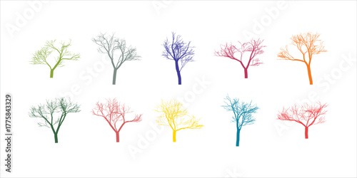 Ten Colorful Tree Silhouettes on a White Background Representing Diversity and Seasons Changing