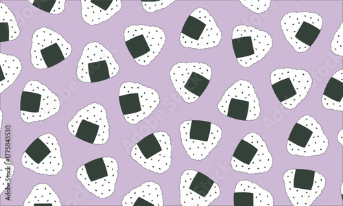 Onigiri seamless pattern japanese food vector. Triangle rice balls with sesame seeds wrapped with nori seaweed. Perfect for Japanese food branding, packaging, wallpaper, stationery