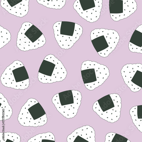 Onigiri seamless pattern japanese food vector. Triangle rice balls with sesame seeds wrapped with nori seaweed. Perfect for Japanese food branding, packaging, wallpaper, stationery